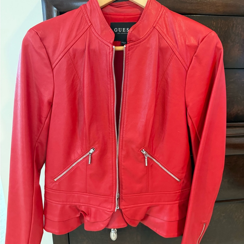 GUESS Red Leather Bomber Jacket with Zip Pockets